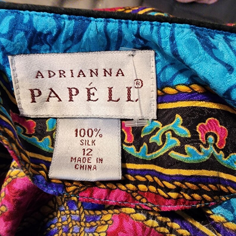 Vintage ADRIANNA PAPELL Size 12 Rope Tassel Print 100% Silk Bright Retro Blouse image 11
