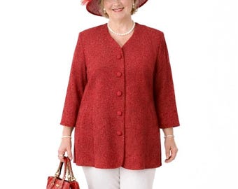 LESLIE FAY Size 18 Vintage Paisley Floral Red Jacquard Collarless V-Neck Blazer
