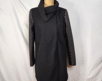 Vtg JOUJOU Size Lrg Black Winter Coat Silver Studded Red Lining Edgy Punk Gothic
