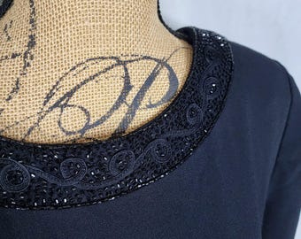 Vintage EVAN PICONE Size 14 Black Beaded Neckline Short Sleeve Sheath Dress