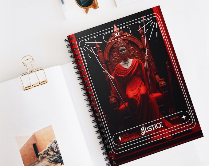 Featured listing image: Justice Tarot Card Themed Spiral Notebook:  Unique Gift for Writers, Artists, Students, Perfect for Journaling, Note taking, and Planning