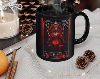 Justice Tarot Coffee Mug: Unique Fantasy Drinkware, Gift for Gamers