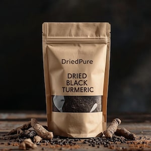 May include: A brown paper bag of Dried Black Turmeric with a clear window, the brand name is DriedPure. The bag is on a wooden surface with dried turmeric roots and small black seeds scattered around.