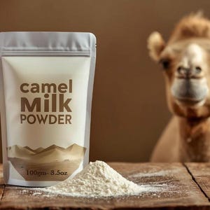 以下が含まれることがあります： 「camel Milk POWDER」の文字と山のグラフィックが入ったラクダミルクパウダーのパッケージ。白い粉の山がパッケージの前にあります。背景にはラクダがいます。
