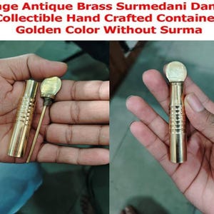 May include: A vintage brass surmedani dani pot, a collectible hand-crafted container with a golden color. The pot is shown in two images, one with the lid off and the other with the lid on.