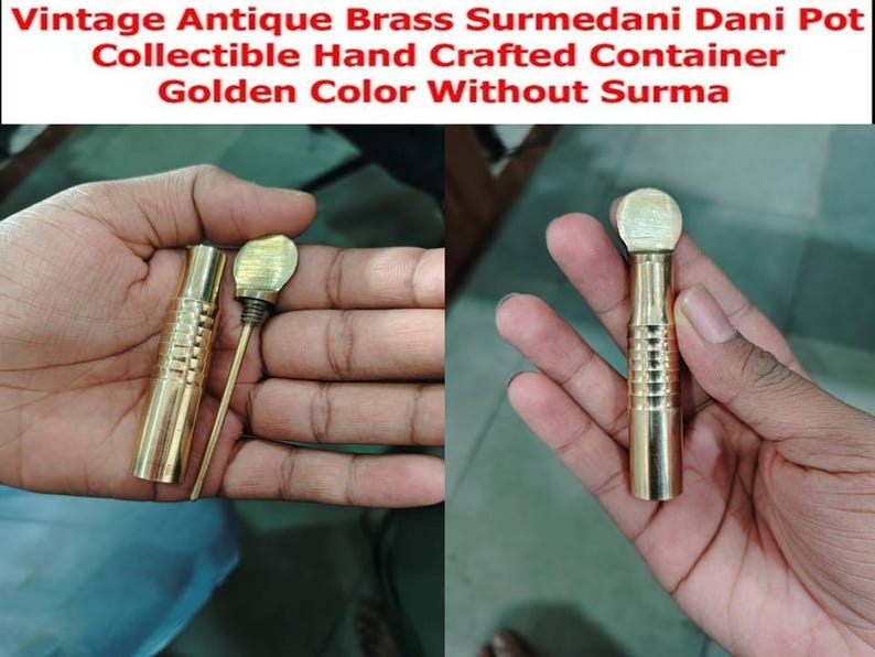 May include: A vintage brass surmedani dani pot, a collectible hand-crafted container with a golden color. The pot is shown in two images, one with the lid off and the other with the lid on.