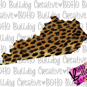 Peut inclure: Un téléchargement numérique d'un motif léopard en forme de l'état du Kentucky. Le motif est parfait pour les projets d'artisanat, tels que les t-shirts, les sacs fourre-tout et la décoration de la maison.