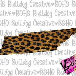 Puede incluir: Un diseño digital que presenta el contorno del estado de Tennessee relleno con un patrón de estampado de leopardo. El diseño es perfecto para crear manualidades, ropa y decoración del hogar.