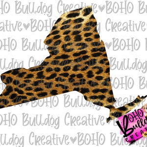May include: An outline of the state of New York filled with a leopard print pattern. The outline is in black and the leopard print is in shades of brown, black, and gold.