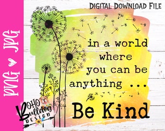 May include: Watercolor background with dandelion seeds blowing in the wind. The text reads "in a world where you can be anything... Be Kind".