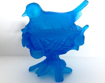 ウェストモアランド ブルーサテンガラス 鳥の巣型皿 フロスト加工台座付き キャンディ皿 ヴィンテージ