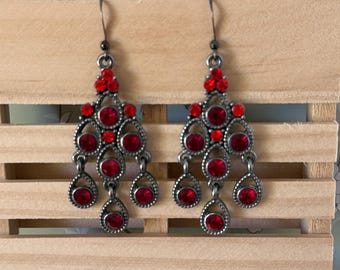 Red Crystal Chandelier Earrings Gunmetal Tone Boho Statement Dangle Earrings Vintage Style