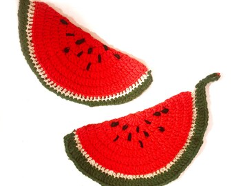 Vintage Hand Crochet Watermelon Slice Pot holder Trivet Hot Pad Set of 2