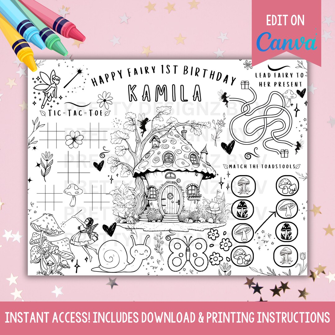 EDITABLE Fairy First Birthday Coloring Sheet Placemat Fairy Birthday ...