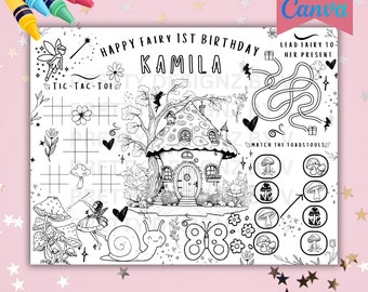 EDITABLE Fairy First Birthday Coloring Sheet Placemat Fairy Birthday Party Table Decor Fairy Party Activity