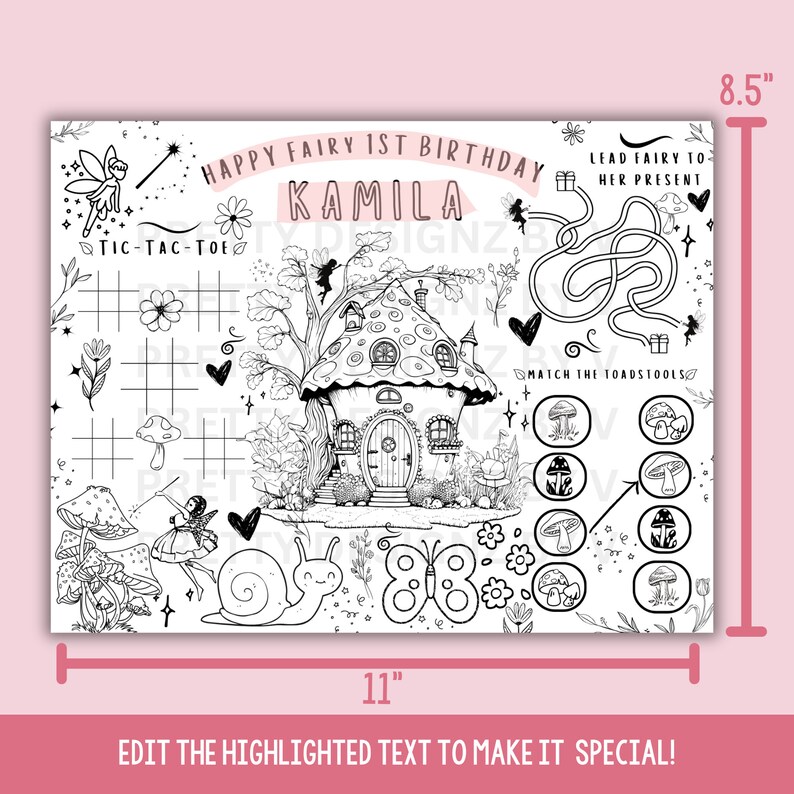 EDITABLE Fairy First Birthday Coloring Sheet Placemat Fairy Birthday ...