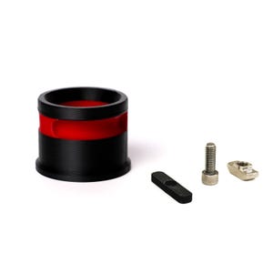 May include: A black and red 3D printed ring with a screw, a metal nut, and a black plastic bar.