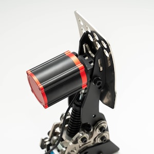 May include: A black and red racing pedal with a metal footrest and a spring-loaded mechanism. The pedal has a black and red motor with a red accent.