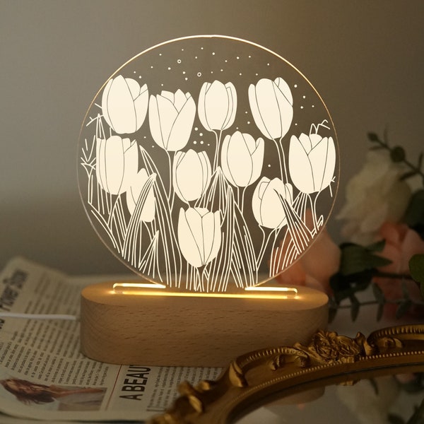 Personalized Tulip Flower Night Light, Floral Acrylic Lamp Plaque, Mother's Day Gift, Gift For Wife, Home Decor Gift