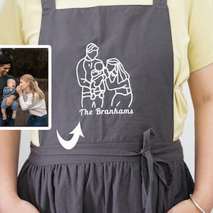 Puede incluir: Un delantal gris con un contorno blanco de una familia de tres con el texto "The Branhams" debajo. Una foto de la familia se muestra en la esquina de la imagen.