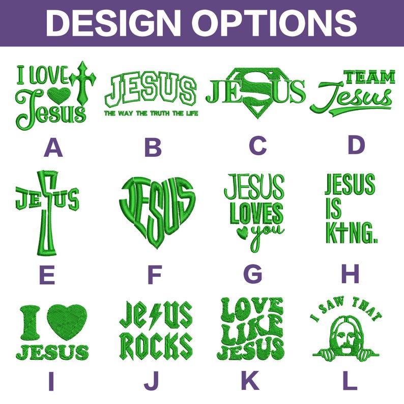 Puede incluir: Un gr&aacute;fico con 12 dise&ntilde;os de bordado diferentes que presentan la palabra "Jes&uacute;s" en varios estilos y colores. Los dise&ntilde;os incluyen un coraz&oacute;n, una cruz, un logotipo de superh&eacute;roe y un estilo rock and roll.