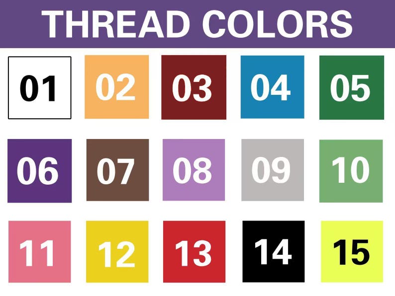 Puede incluir: Una carta de colores titulada "THREAD COLORS" con quince muestras de colores numeradas. Los colores incluyen blanco, naranja, burdeos, azul, verde, morado, marr&oacute;n, lavanda, gris y rosa.