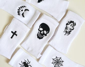 Embroidered Halloween Socks: Pumpkin & Ghost Cotton Crew Socks