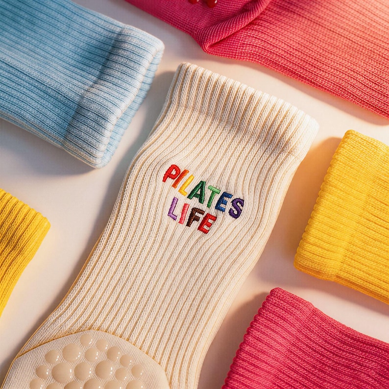 May include: A cream-colored ribbed sock with the embroidered text PILATES LIFE in multi-colored letters. The sock features a white textured grip sole with circular patterns, surrounded by other socks in blue, yellow, and pink.