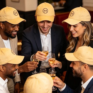 Puede incluir: Un grupo de personas con gorras de b&eacute;isbol color beige con un logotipo circular negro, brindando con copas de champ&aacute;n. Las gorras tienen una visera curva y una corona estructurada. Las personas visten ropa de negocios.