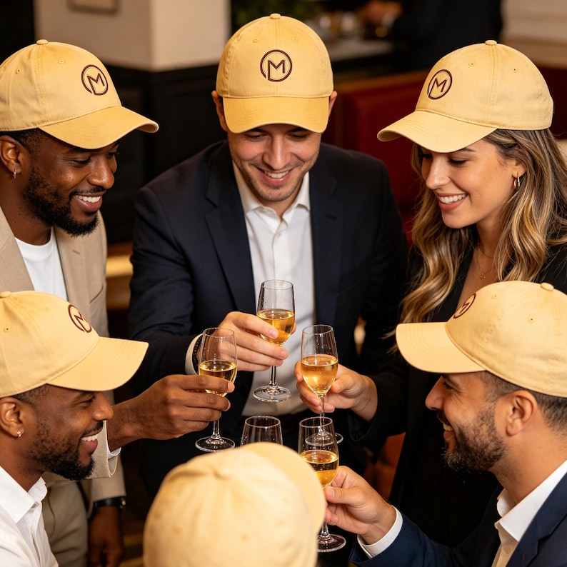 Puede incluir: Un grupo de personas con gorras de b&eacute;isbol color beige con un logotipo circular negro, brindando con copas de champ&aacute;n. Las gorras tienen una visera curva y una corona estructurada. Las personas visten ropa de negocios.