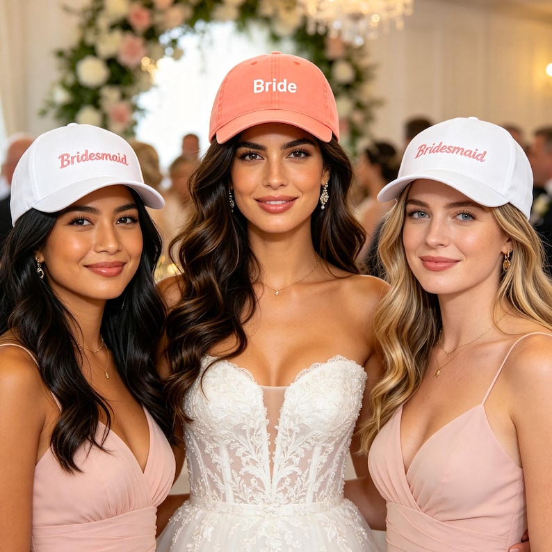 Puede incluir: Tres mujeres con gorras de b&eacute;isbol. Una gorra coral con la palabra "Bride" en blanco, las otras son blancas con "Bridesmaid". Las mujeres visten ropa formal, la novia con un vestido de novia blanco. El escenario parece ser una boda.