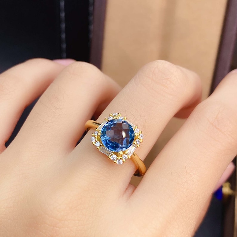Genuine Deep Blue Stones Gift for Her Sterling Silver Birthstone Ring Jewelry Delicate London Blue Topaz