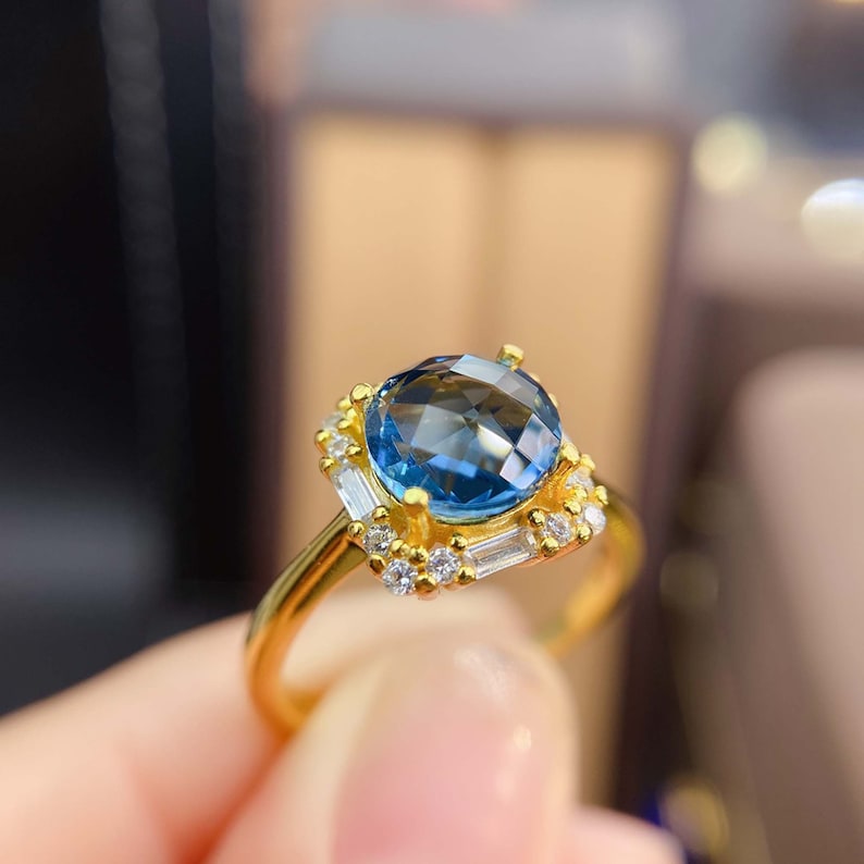 Genuine Deep Blue Stones Gift for Her Sterling Silver Birthstone Ring Jewelry Delicate London Blue Topaz