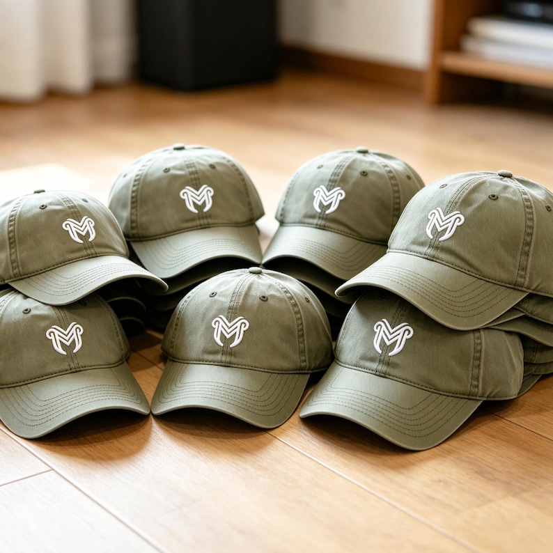 Puede incluir: Varias gorras de b&eacute;isbol verde oliva est&aacute;n apiladas y dispuestas sobre una superficie de madera. Cada gorra presenta un logotipo "M" blanco bordado en la parte delantera. Las gorras est&aacute;n hechas de un material suave y tienen una visera curva.
