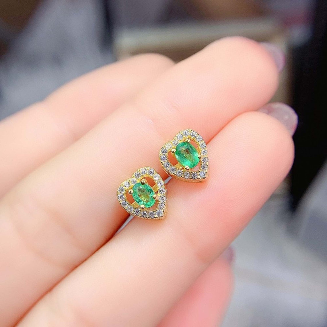 Real Emerald Earrings Dainty Green Emerald Stud Earrings Etsy