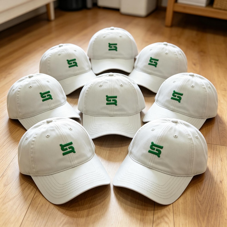Puede incluir: Ocho gorras de b&eacute;isbol gris claro con un logotipo "S" verde bordado. Las gorras est&aacute;n dispuestas sobre una superficie de madera, mostrando su dise&ntilde;o y color.