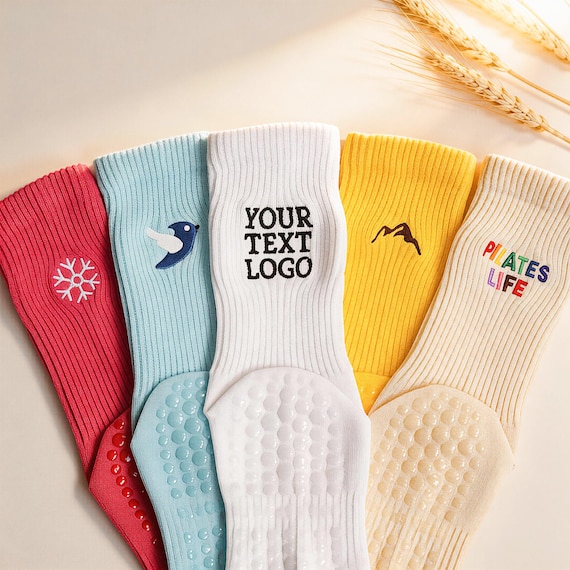 Bulk Price for Custom Embroidered Pilates Yoga Socks, Non-Slip Grips, Personalized Logo On Back