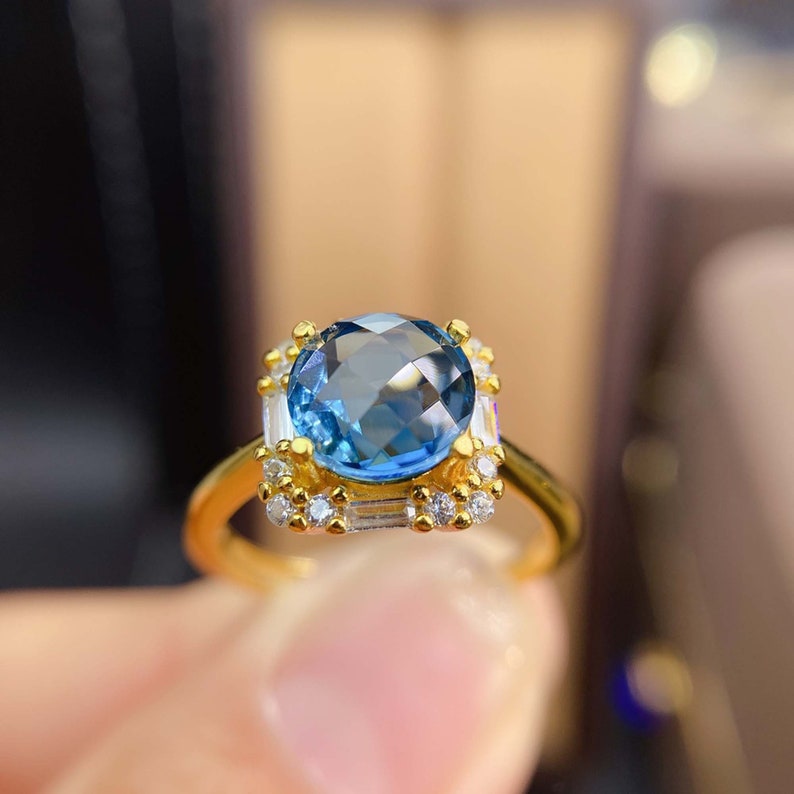 Genuine Deep Blue Stones Gift for Her Sterling Silver Birthstone Ring Jewelry Delicate London Blue Topaz