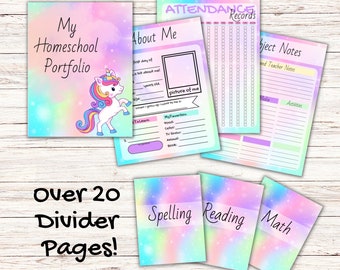 Puede incluir: Un conjunto de páginas de separación de homeschool imprimibles con un diseño de unicornio y arcoíris. Las páginas incluyen "Mi portafolio de homeschool", "Acerca de mí", "Registro de asistencia", "Notas de asignaturas", "Ortografía", "Lectura" y "Matemáticas".