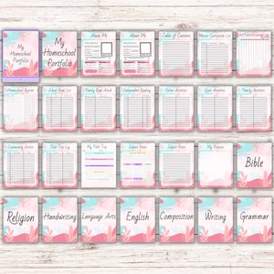 Op de afbeelding: Een printbare homeschool-portfolio met roze en blauwe aquarel achtergronden. De pagina's bevatten secties voor over mij, homeschool-routine, schoolboeklijst, gezinsvoorlezen, zelfstandig lezen, online activiteiten, rustige activiteiten, gezinsactiviteiten, gemeenschapsdienst, veldtriplogboek, mijn veldtrip, aantekeningen over vakken, mijn foto's, bijbel, religie, handschrift, taalvaardigheid, engels, compositie, schrijven en grammatica.