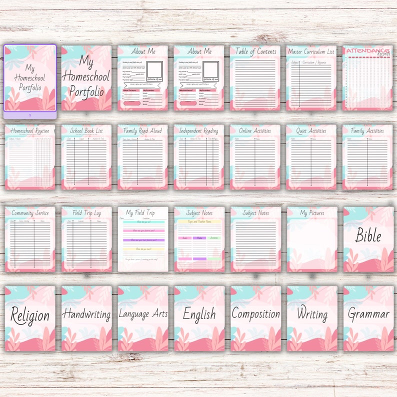 Op de afbeelding: Een printbare homeschool-portfolio met roze en blauwe aquarel achtergronden. De pagina's bevatten secties voor over mij, homeschool-routine, schoolboeklijst, gezinsvoorlezen, zelfstandig lezen, online activiteiten, rustige activiteiten, gezinsactiviteiten, gemeenschapsdienst, veldtriplogboek, mijn veldtrip, aantekeningen over vakken, mijn foto's, bijbel, religie, handschrift, taalvaardigheid, engels, compositie, schrijven en grammatica.