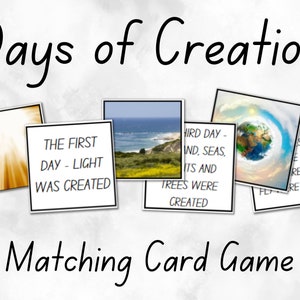 Puede incluir: Un juego de cartas de emparejamiento con imágenes y texto sobre los días de la creación. Las cartas presentan imágenes del sol, un paisaje, un globo terráqueo y texto que dice "El primer día - La luz fue creada", "El tercer día - Tierra, mares, sus y árboles fueron creados", y "Día - Es que el mar y los árboles que fueron creados".