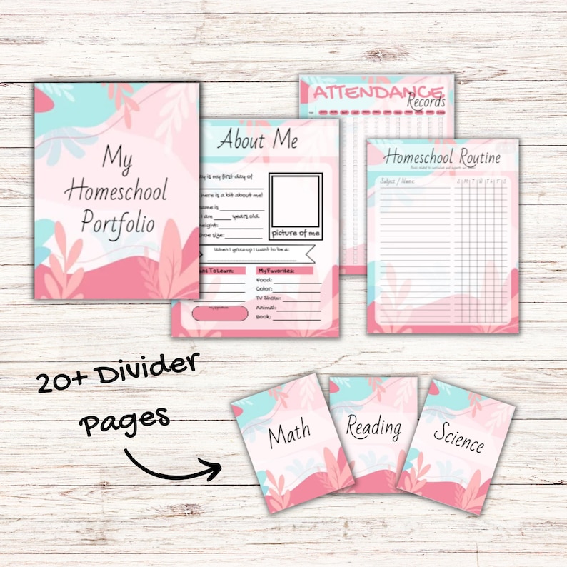 Op de afbeelding: Een roze en blauwe homeschool-planner met scheidingspagina's voor verschillende vakken, waaronder wiskunde, lezen en wetenschap. De planner bevat pagina's voor aanwezigheidsregistratie, een homeschool-routine en een 'over mij'-sectie.