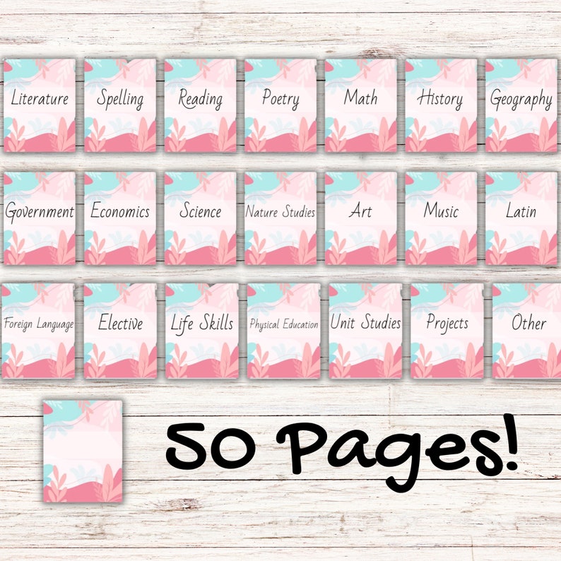 Op de afbeelding: Een set van 50 printbare klaslokaaletiketten met een roze en blauwe aquarel achtergrond. De etiketten omvatten vakken zoals Literatuur, Spelling, Lezen, Po&euml;zie, Wiskunde, Geschiedenis, Aardrijkskunde, Regering, Economie, Wetenschap, Natuurstudies, Kunst, Muziek, Latijn, Vreemde taal, Keuzevak, Levensvaardigheden, Lichamelijke opvoeding, Eenheidstudies, Projecten en Overig.