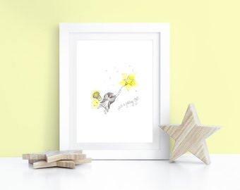 Cherub Watercolour Art Print - Falling Star - Nursery / Girls Bedroom Decor - Whimsical - Angel Art - Fairy Art - Catch A Falling Star