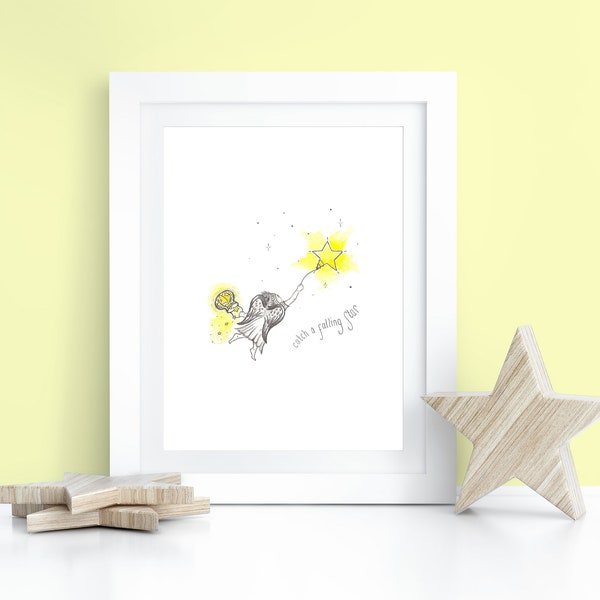 Cherub Watercolour Art Print - Falling Star - Nursery / Girls Bedroom Decor - Whimsical - Angel Art - Fairy Art - Catch A Falling Star