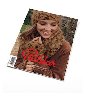 May include: A Phildar magazine cover featuring a person wearing a fuzzy, tan and black leopard-print knit beanie, scarf, and fingerless gloves. The person wears a brown corduroy jacket. The cover text includes Phildar, N&deg; 226, and 77 MOD&Egrave;LES.