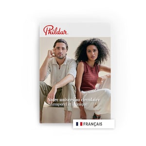 May include: A magazine cover with a man and a woman. The woman is in a red knitted top, and the man wears a light-coloured shirt. The cover displays the "Phildar" logo and French text, with a French flag icon.