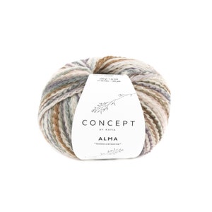May include: A ball of brown, beige, green, and purple yarn with a white label that reads "CONCEPT BY KATIA ALMA "MERINO EXTRAFINE" 450 gr-1 oz 3/4 110 mts-120 yds".
