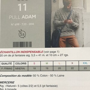 May include: A knitting pattern titled "PULL ADAM" with the number 11 at the top. The pattern includes sizing information and yarn details. The image also shows a person wearing a cable-knit sweater.